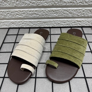 撤柜处理套趾麻料拖鞋女夏季褶皱平底一字拖外穿度假沙滩休闲凉拖
