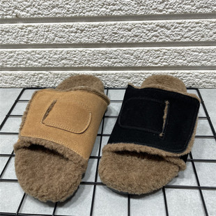 女加绒保暖百搭外穿一字拖毛毛鞋 真皮厚底勃肯鞋 处理秋冬新款 断码