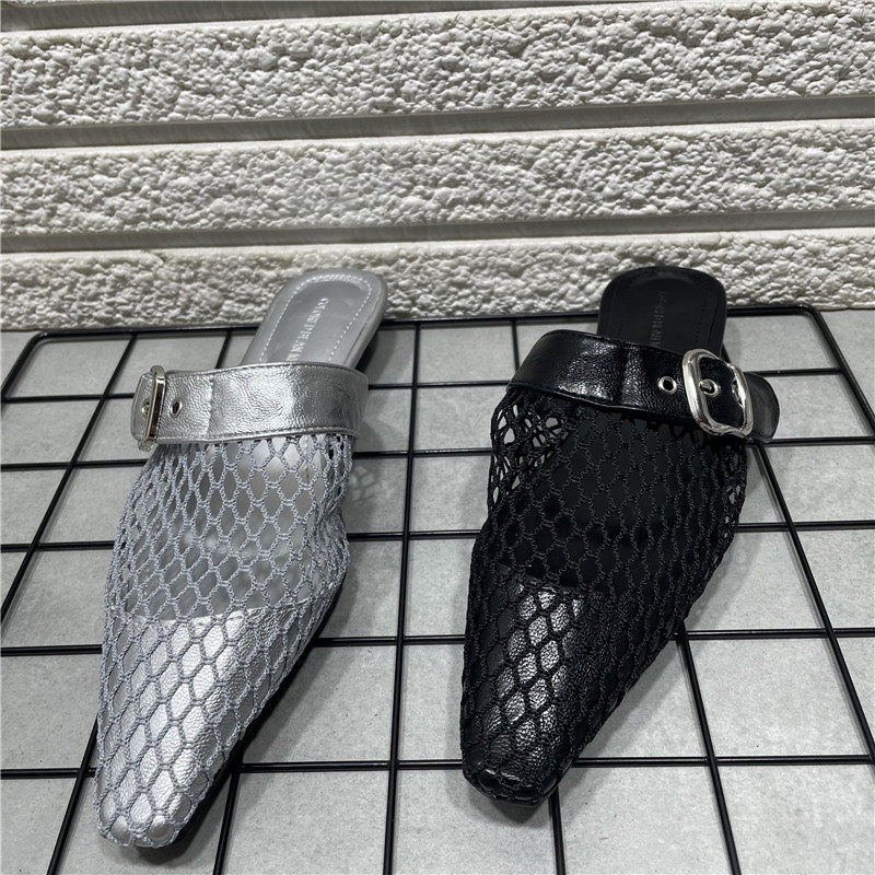 断码处理小众设计感网纱透气包头半拖鞋外穿夏季镂空尖头凉拖女鞋