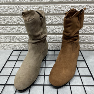 断码 加绒褶皱瘦瘦靴内增高显瘦小短靴 处理复古勃肯堆堆靴子女冬季