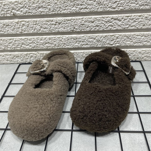 外穿厚底孕妇防滑秋冬加绒懒人毛毛鞋 女包头半拖鞋 处理勃肯鞋 断码