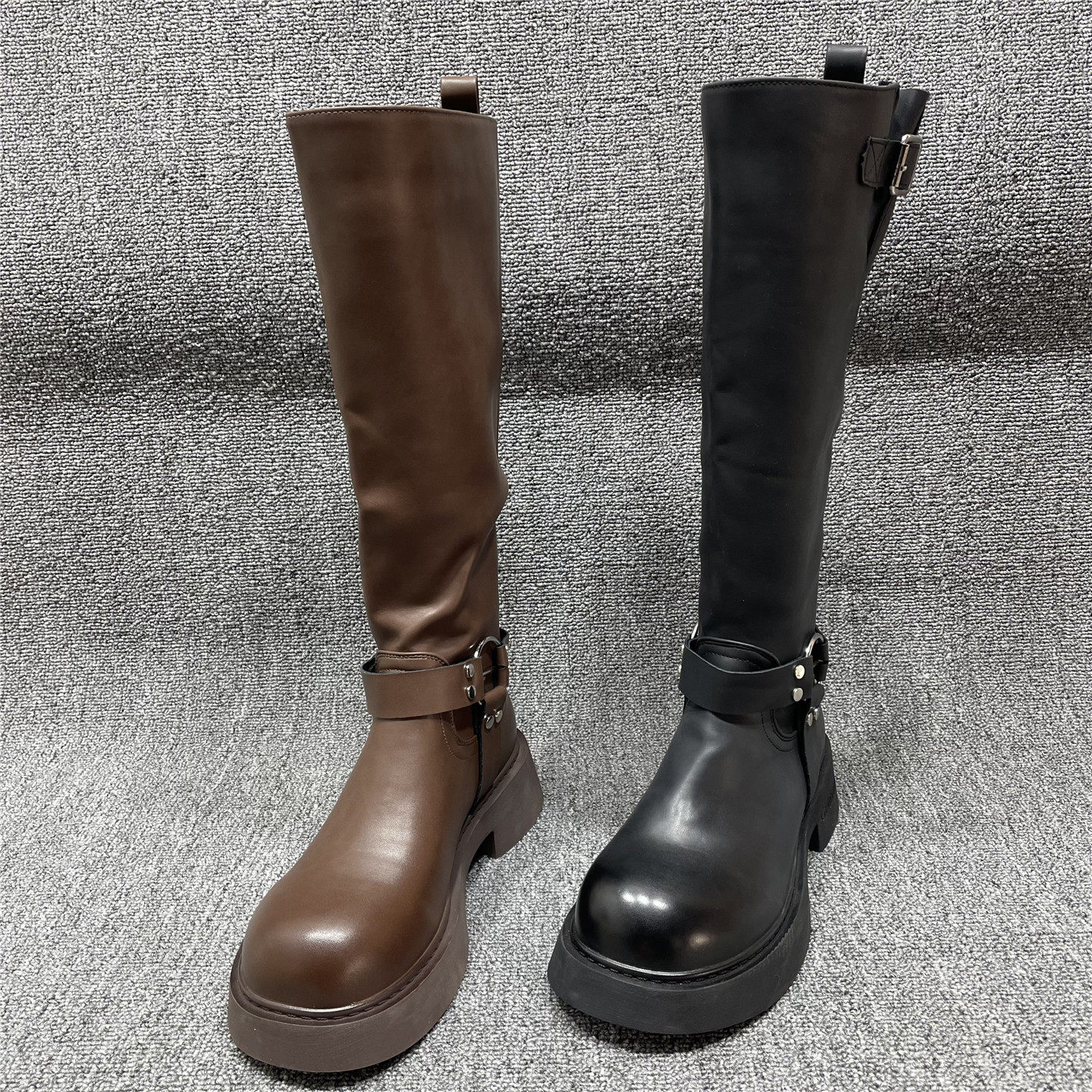 断码处理不过膝高筒靴女冬季加绒皮带扣机车长靴女圆头粗跟骑士靴