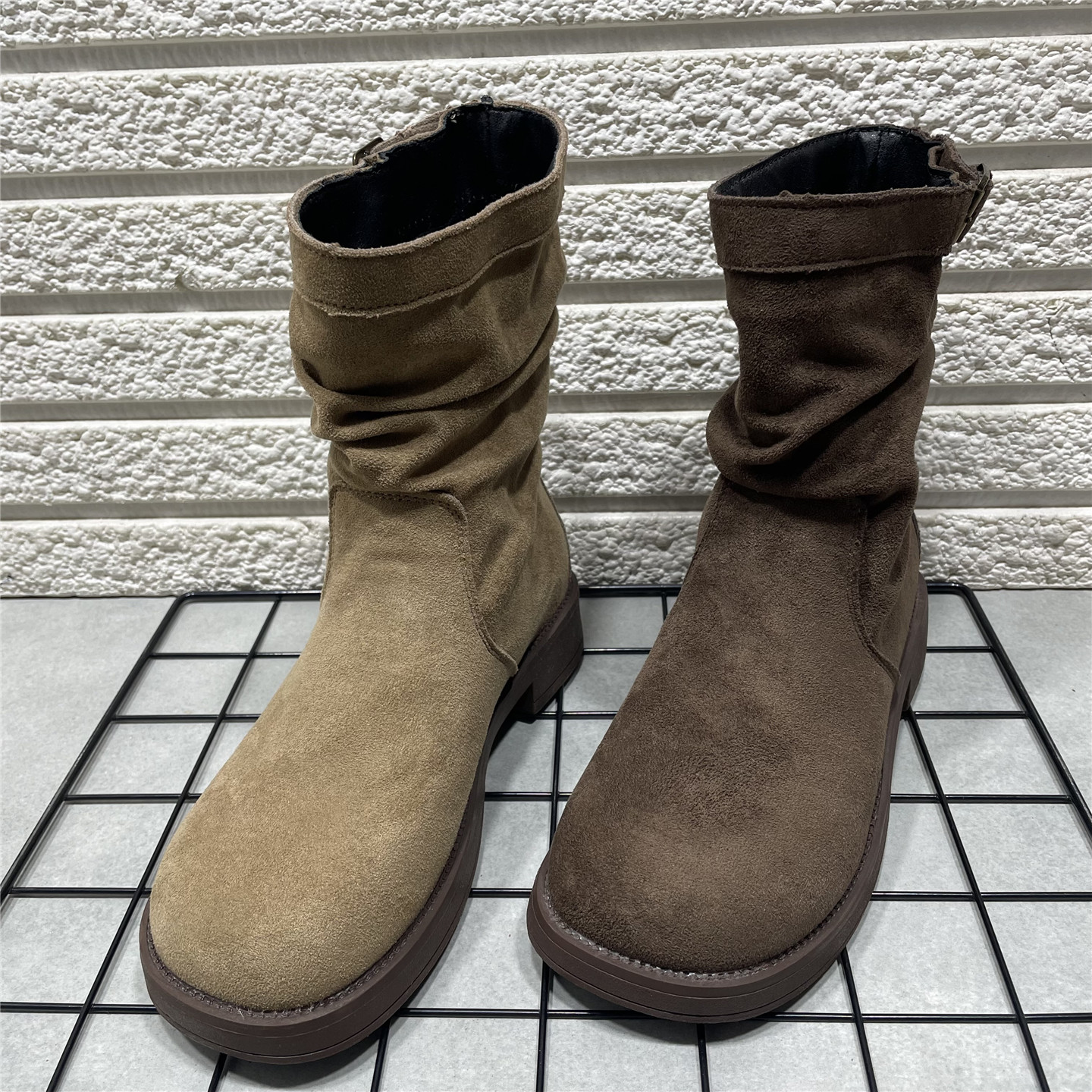 显瘦粗跟短靴褶皱瘦瘦靴女