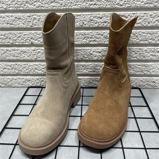 断码 处理真皮马丁靴女西部牛仔靴粗跟复古切尔西短靴中筒靴女单靴