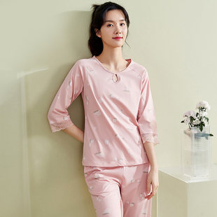 顶呱呱睡衣女蕾丝七分袖 顶瓜瓜 长裤 圆领套头甜美青年家居服春夏季