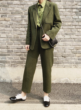 日本全羊毛彩点苔藓绿人字纹锥形裤 小脚裤女