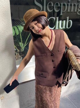 限量13件 复古乌木棕时髦精经典叠穿哑光质感麂皮绒马甲背心外套