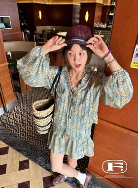 戏梦巴黎 夏日悠然度假缎面清爽套装 提花衬衫慵懒显瘦A字裙裤