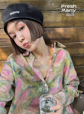 上身巨巨巨好看～法式小众夏日松弛油画晕染苎麻衬衫宽松显瘦衬衣