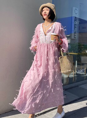 FreshMany属于夏天的芍药粉仙气流苏连衣裙镂空刺绣拼接长裙