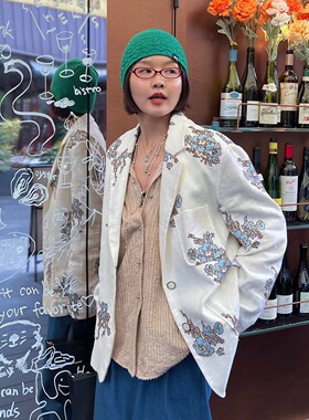 私藏独美 限量日本进口重工刺绣亚麻西装时髦百搭高级感白色外套