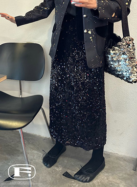 五彩斑斓的黑 进口高级丝绒手工亮片bulingbuling闪钻裙高腰半裙