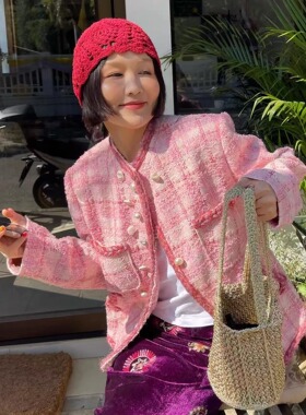 甜心路可儿法式编织慵懒粉色小香外套温柔高级感重工小众编织西装