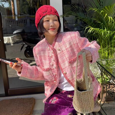 甜心路可儿法式编织慵懒粉色小香外套温柔高级感重工小众编织西装