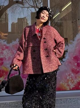 时髦魔力浆果红高级感羊毛呢外套百搭洋气新年复古红短款西装大衣
