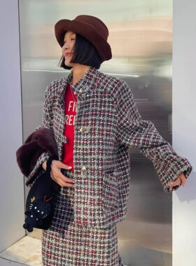 都市经典摩洛哥格雷灰进口格纹羊毛外套时髦慵懒西装大衣半裙套装