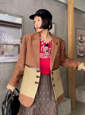 时髦小姨美丽助燃剂 复古小众设计感拼接闪片刺绣羊毛高级感西装