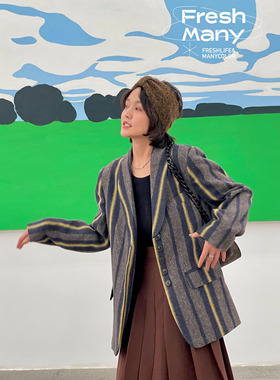 限量13件 历久弥新高端日产粗花呢彩点条纹羊毛西装复古气质外套