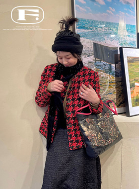 人人都爱闪亮亮～温暖复古红千鸟格纹羊毛短款小香风外套高级西装