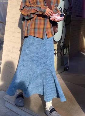 慵懒惬意设计感弹力牛仔半裙 高级港风复古单宁鱼尾裙中长款A字裙