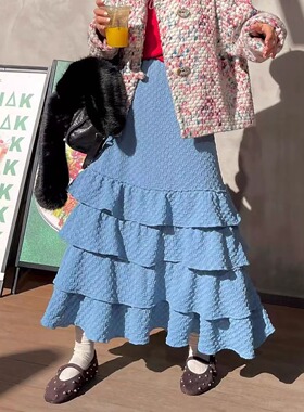 FreshMany独家那不勒斯海蓝四季百搭蛋糕裙弹力褶皱鱼尾裙a字裙