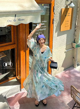 奇幻仲夏夜～清透彩虹晕染油画连衣裙法国进口面料高级假日仙女裙