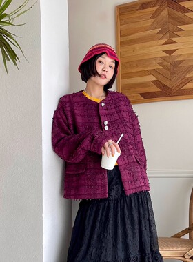 FreshMany唤醒春日浪漫紫西梅流苏小香编织外套宽松慵懒时髦上衣