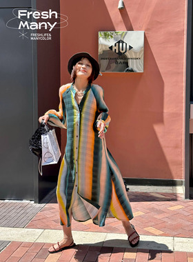 10件 撞色条纹时髦少女 宽松慵懒连衣裙衬衫裙显瘦无敌纸片人