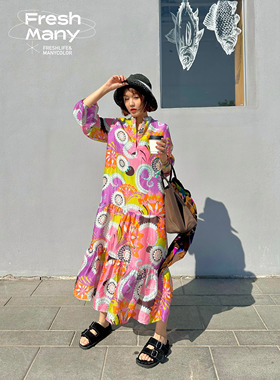 心心念大丽花法式浪漫连衣裙 慵懒温柔风高级感宽松印花长裙女