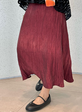 FreshMany勃艮第红复古褶皱渐变晕染鱼尾裙高腰显瘦半身裙A字裙