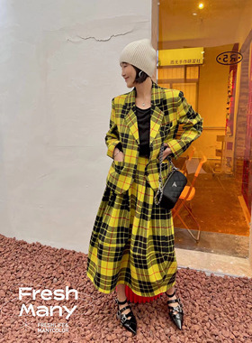 原创！时髦少女格纹套装春季新款进口羊毛混纺西装半身裙两件套