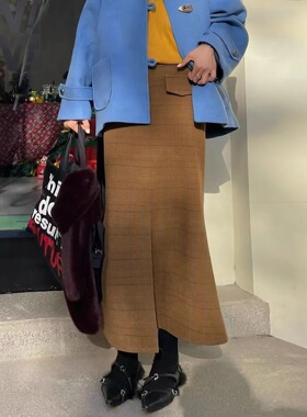 冬日甜心玳瑁黄进口羊毛面料正反两穿半身裙 英伦格纹鱼尾裙A字裙