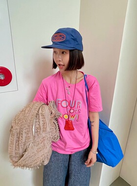 FreshMany美式复古彩色字母logo印花t恤短袖休闲上衣女全棉打底衫