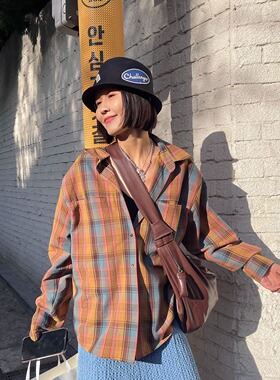 FreshMany春夏复古格纹纯棉宽松boxy休闲长袖翻领慵懒衬衫防晒衫