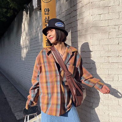 FreshMany春夏复古格纹纯棉宽松boxy休闲长袖翻领慵懒衬衫防晒衫