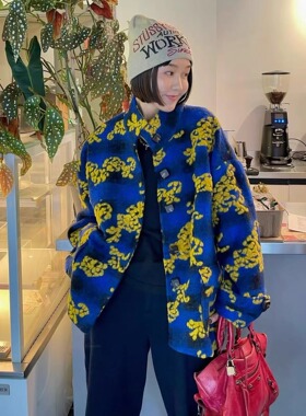 FreshMany时髦玩味撞色立体毛绒绒温暖羊毛立领宽松外套短款大衣