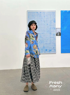 限量版高级灰珠光效果超废料重工拼接半身裙女松紧腰褶皱蓬蓬长裙