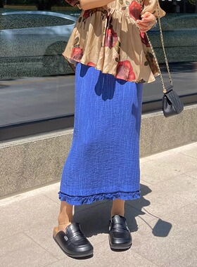 巴黎假日 洋气时髦午夜紫后花园立体花边裙摆半裙高腰显瘦直筒裙