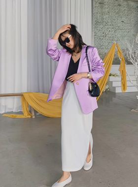 万能搭 白色宽松高腰显高显瘦直筒长裙侧开叉半身裙中长款女夏