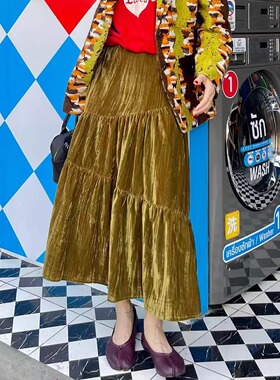 朵拉神秘裙摆韩国进口稀有苔藓绿弹力褶皱丝绒半身裙鱼尾裙a字裙