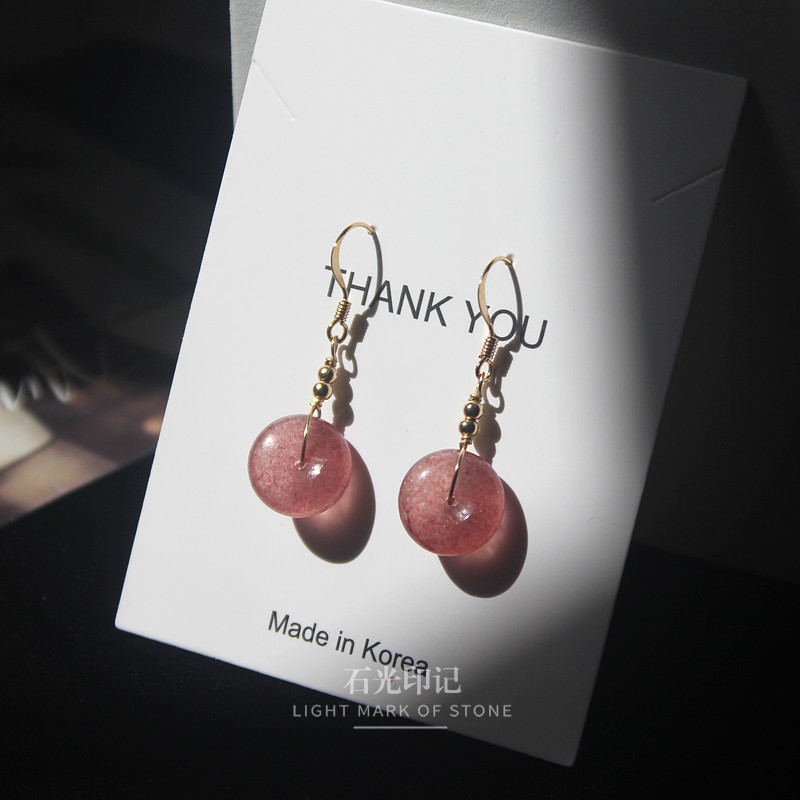 石光印记天然草莓晶平安扣女士耳环14K注金耳勾不褪色甜美耳饰