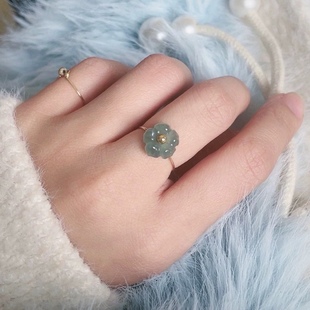 水洗不褪色天然翡翠桃花戒指美国14k包金手工女款 戒圈秀气精致