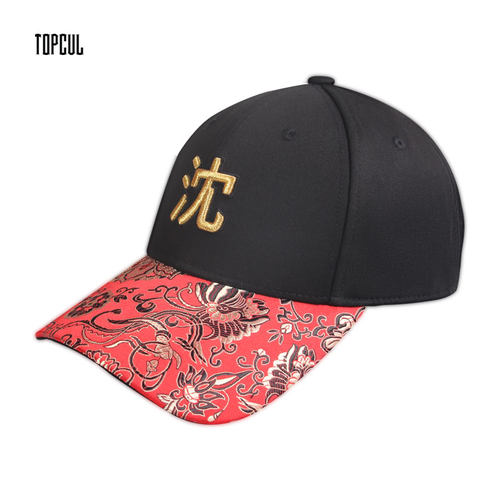 TOPCUL定制百家姓中国风LOGO花朵棒球帽刺绣国潮红色鸭舌帽500031