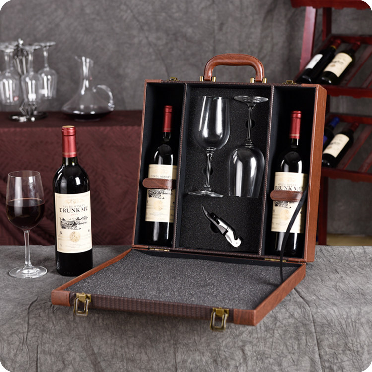 红酒包装礼盒高档带酒杯便携葡萄酒皮箱双支红酒箱包装盒空盒现货