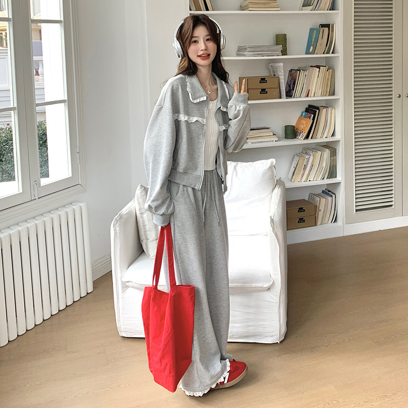 【秋季现货】灰色蕾丝花边卫衣套装296A-8130-p175-k258，女装套装/套裙，浙宝296A