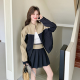 【新款现货】卡其色藏蓝拼接休闲半裙套装296A-8085-P195-K318，女装套装/套裙，浙宝296A