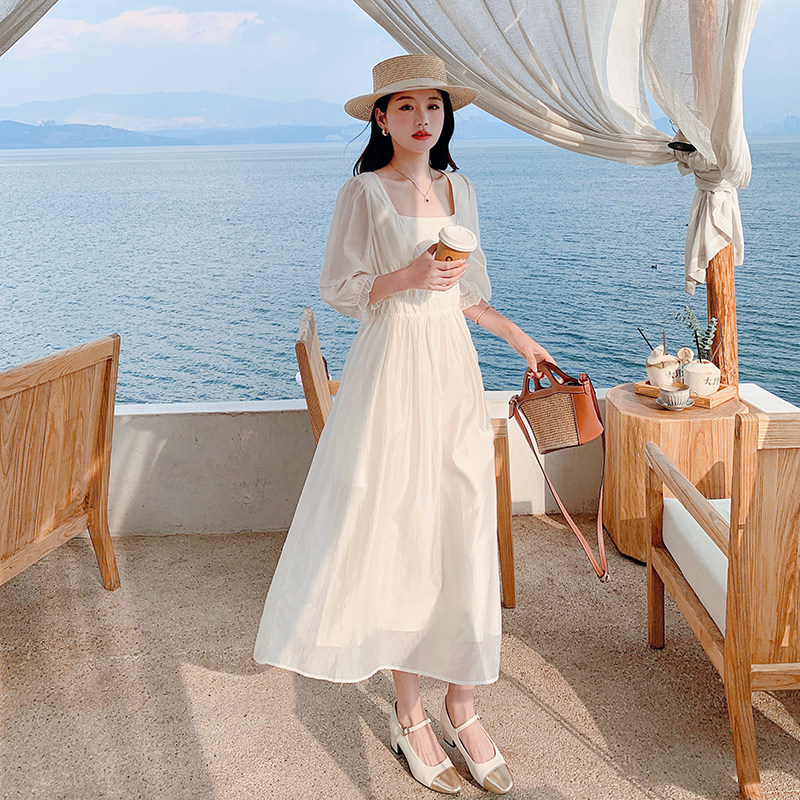 法式初恋长袖白色连衣裙女春秋2025温柔白月光高级感收腰长裙及踝，女装连衣裙，浙宝296A