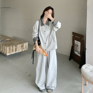 【新款现货】296A-灰色拼色牛仔套装296A-8180-P195-K318图片