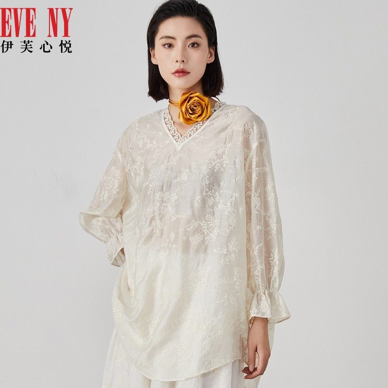 EVE‘NY/伊芙心悦蕾丝刺绣夏季新款V领荷叶边长袖休闲薄款衬衫