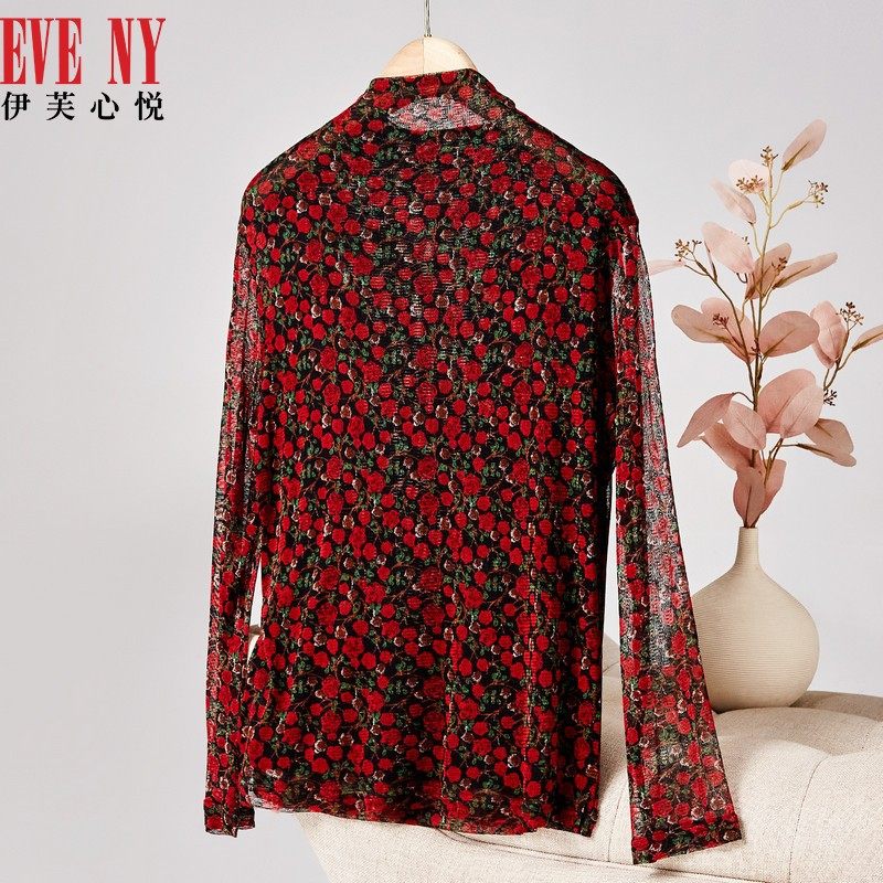 eveny伊芙心悦夏季新款桑蚕丝时尚印花真丝长袖t恤女